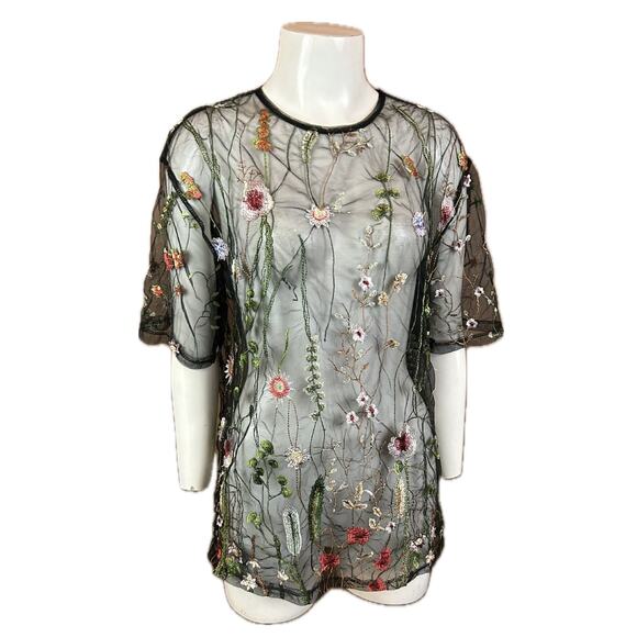 Black Sheer Flower Embroidery Blouse Top Penelope Project / Medium * - Picture 4 of 4
